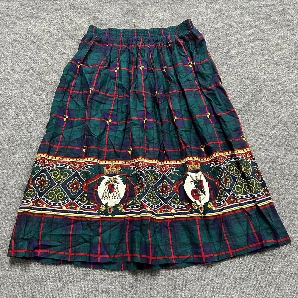 Cricket Lane Skirt Womens Size 14P Green Plaid Rayon Crest Border USA Vintage